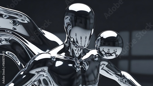 Futuristic humanoid figure made of liquid chrome holding a perfectly spherical object