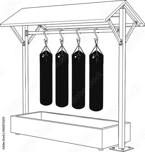 Outdoor punching bag station, fitness training setup, martial arts gear, roof-covered exercise zone, hanging bags structure, workout equipment illustration, durable frame design
