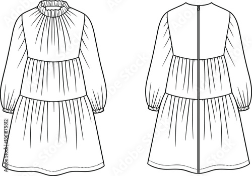 White long sleeve tiered dress front and back view vector illustration mockup for women fashion apparel design sewing templates
