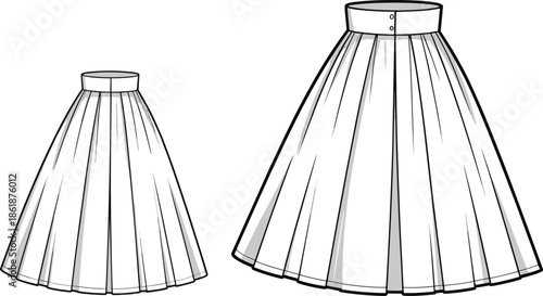 White pleated midi skirt front and back view vector illustration mockup for women fashion apparel design sewing templates