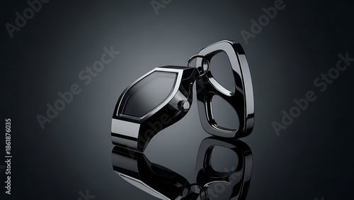 Shiny futuristic black and chrome electronic device or accessory on a reflective surface