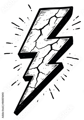 Hand drawn illustration of a lightning bolt depicting a cracked texture and radiating energy for a powerful design
