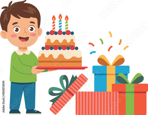 Modern hand-drawn symbol showing a festive kid with a decorated dessert and confetti to denote specialized milestone findings, childhood joy, and party planning