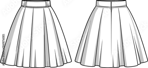White pleated skirt front and back view vector illustration mockup for fashion design apparel templates sewing patterns branding
