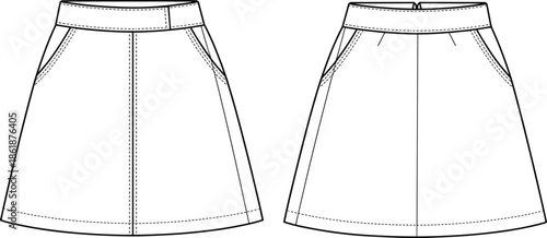 White tailored A line skirt front and back view vector illustration mockup for women fashion apparel design sewing templates
