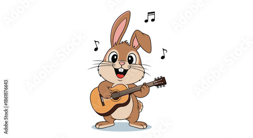 Cheerful brown rabbit standing and playing an acoustic guitar while singing musical notes against a white background.