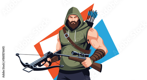Tough bearded ranger or hunter wearing a green hooded vest, carrying a crossbow and a scoped rifle on a geometric background.