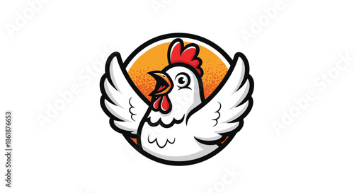 Energetic white chicken with a bright red comb and open beak, spreading its wings as a mascot inside a yellow circle.
