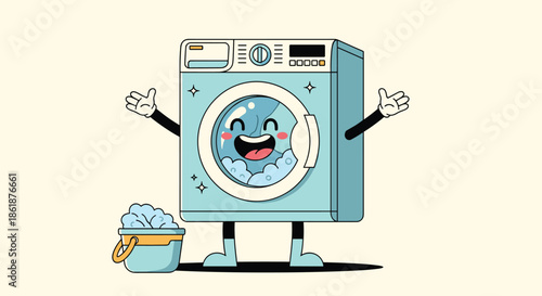 Happy animated washing machine character with arms outstretched, smiling next to a blue bucket full of soapy bubbles.