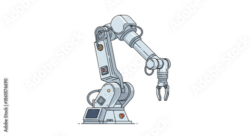Detailed illustration of an industrial robotic arm with a claw gripper, isolated on a white background for manufacturing concepts.