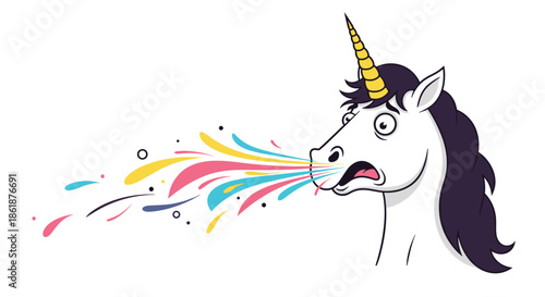 Hilarious illustration of a white unicorn with a golden horn vomiting a vibrant rainbow against a clean white background.