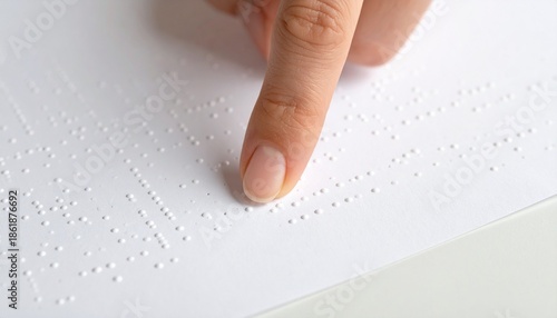 Braille Text Reading with Fingertips on White Paper Page, Close Up View of Blind Person Hands, High Quality Photo