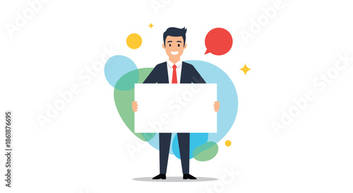 Cheerful businessman in a dark suit and red tie holding a large blank white sign for your custom message or advertisement.