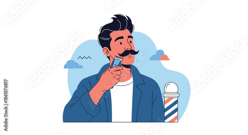 Modern man using an electric trimmer to shave his mustache in front of a blue background with a traditional barber pole.