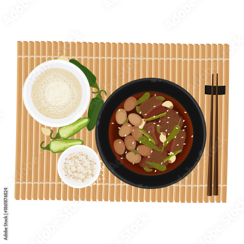 Vector Illustration Logo Clipart Top View Delicious Jangjorim or Jang Jorim Korean Soy Braised Beef 
