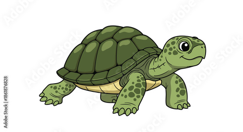 Cute green turtle with a detailed shell walking slowly across a white background, perfect for children's books or nature themes.