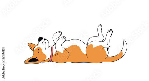 Adorable illustration of a ginger and white dog sleeping soundly on its back with its paws up in a state of total relaxation.