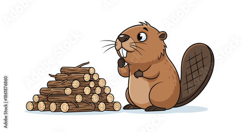 Cute brown beaver with large teeth looking thoughtfully at a neat pile of cut wooden logs against a clean white background.