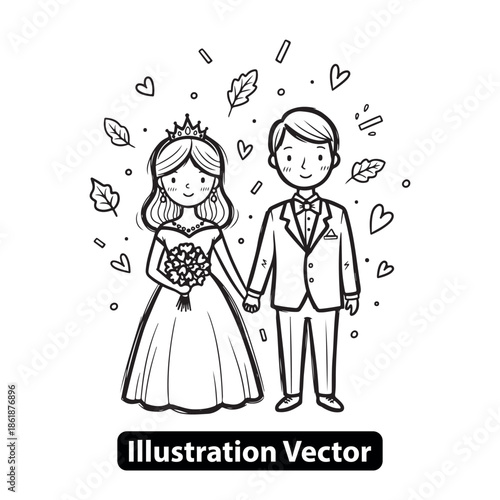 Charming line art of a joyful bride and groom holding hands, celebrating their special wedding day with love