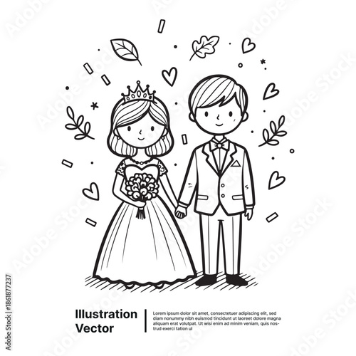 Charming illustration of a newlywed couple's joyous union, celebrating eternal love and happiness together