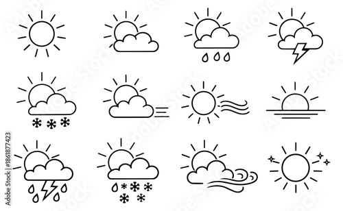 Line art weather icon set featuring various atmospheric conditions for meteorology and digital applications