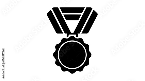 Vector illustration of a black silhouette award medal with ribbon, on transparent background