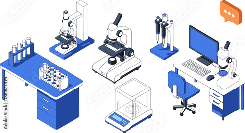 Isometric lab illustration, scientific equipment setup, modern research tools, test tube rack, microscope station, pipette stand, analytical balance, lab computer desk