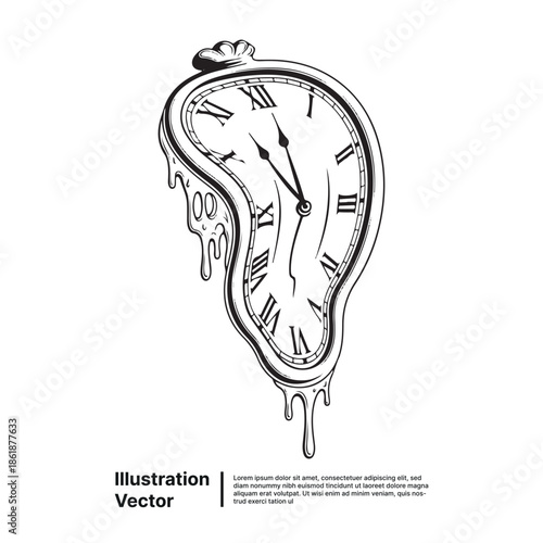 Captivating monochrome vector art showcasing a fluid pocket watch, representing the elusive nature of time and its passage