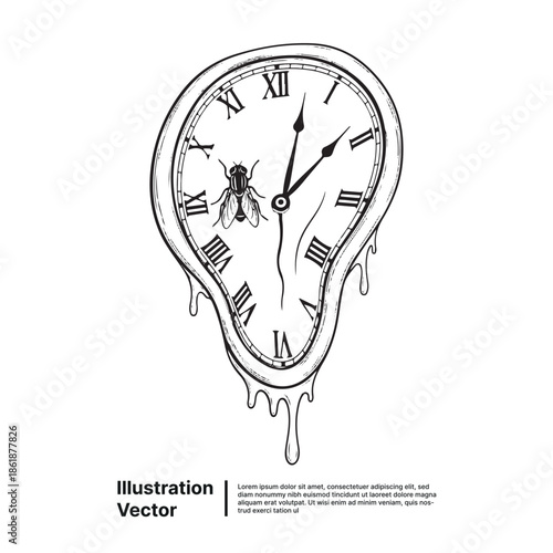 Surreal melting clock with a fly on its face, abstract concept of time and decay
