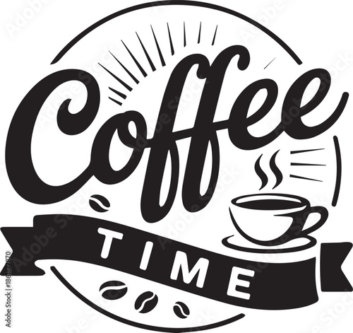 Vintage coffee time logo design with steaming cup and beans