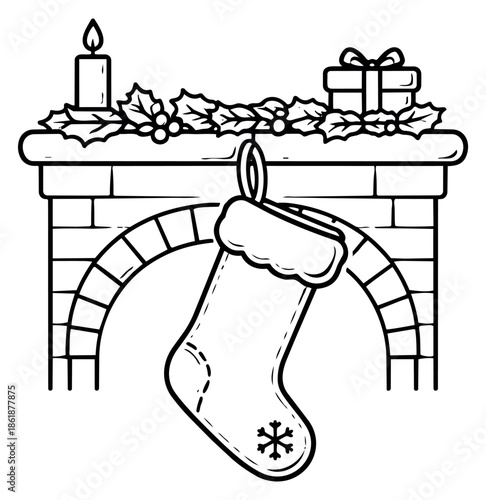 Hand drawn line art illustration of a Christmas fireplace depicting a stocking, candle, and holly for the winter holiday season