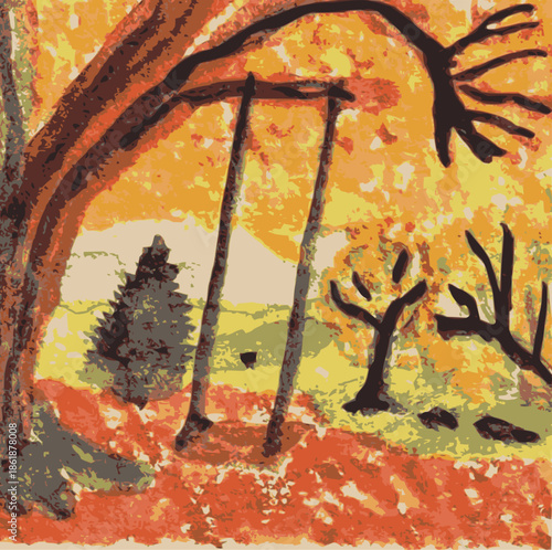 A vector image of a swing in an autumn forest. The original is a hand-painted water color painting.