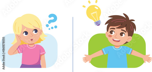 Young girl with a question mark and a boy with a lightbulb representing confusion and problem solving.