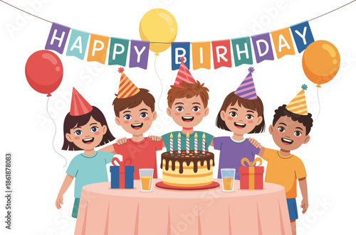 Vibrant cartoon illustration featuring a diverse group of happy children in party hats standing around a birthday cake with a colorful banner.