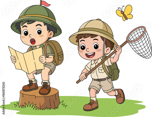 Modern hand-drawn symbol showing curious kids in pith helmets to denote specialized scouting findings, childhood exploration journeys, environmental science learning, and active play.