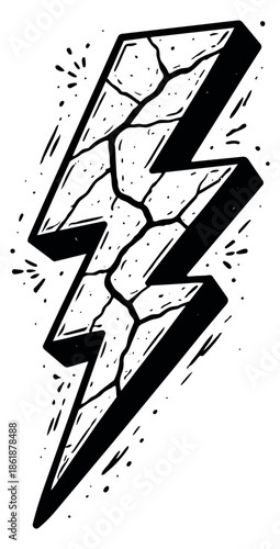 Grungy hand drawn line art illustration of a cracked lightning bolt depicting power for graphic design