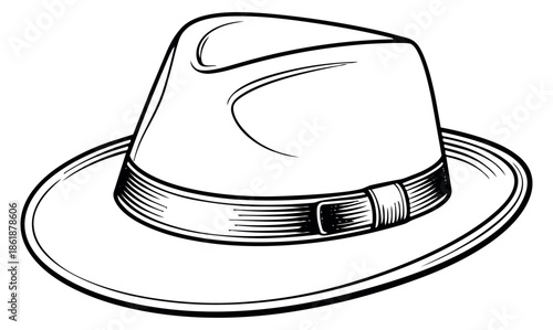 Line art illustration of a fedora hat depicting a classic style for fashion and vintage themes