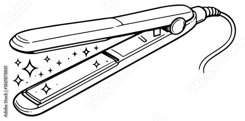 Hand drawn line art illustration of a hair straightener depicting effective performance for personal care and beauty