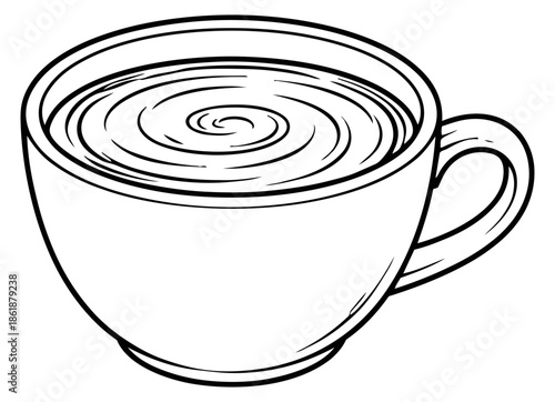 Hand drawn line art illustration of a coffee cup depicting a swirling hot beverage for cafe menu design