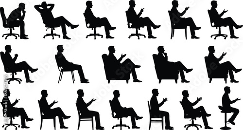 Set of black silhouettes of a man sitting in office chairs armchairs and stools working talking and relaxing isolated on white,