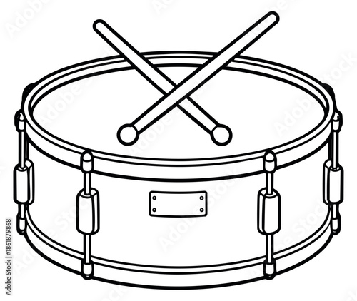 Line art illustration of a drum with drumsticks depicting music and rhythm for various design projects