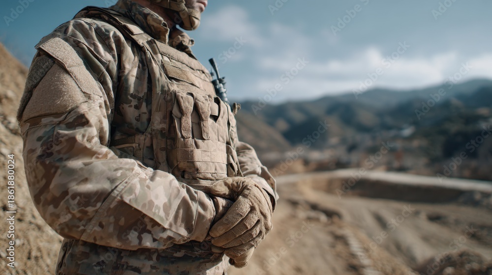 Fototapeta premium Military personnel in camouflage uniform stands confidently on rugged terrain, showcasing tactical gear and a focused demeanor, embodying strength and resilience in challenging environments