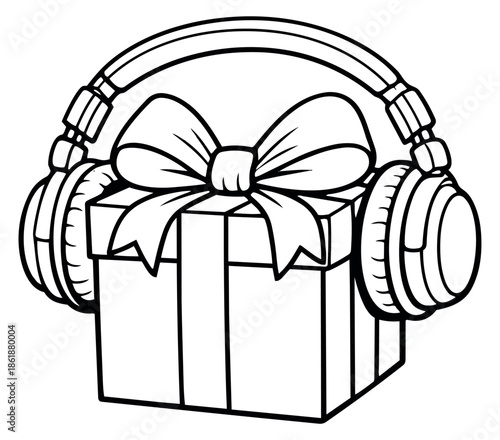 Hand drawn line art illustration of a gift box with headphones depicting a festive gift for celebration