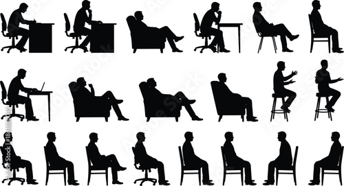 Set of black silhouettes of a man sitting in office chairs armchairs and stools working talking and relaxing isolated on white