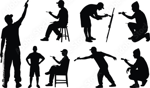 Set of black silhouettes of an artist painter painting on canvas standing and sitting in different poses isolated on white,