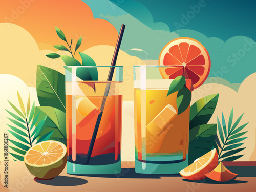 Tropical cocktail drink on a sunny tropical beach with ocean, sand, palm trees, and summer vacation atmosphere