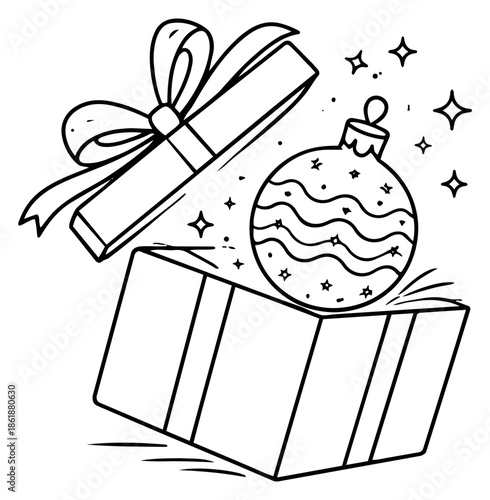 Hand drawn line art illustration of an open gift box and a Christmas bauble depicting a present opening with sparkles for holiday celebrations