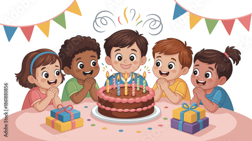 Cheerful diverse group of cartoon children celebrating a birthday with a chocolate cake lit candles presents and colorful party bunting flags vector