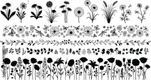 Set of floral borders and dividers with dandelion silhouettes and butterfly line art patterns, nature design elements, cad drawing flat vector illustration
