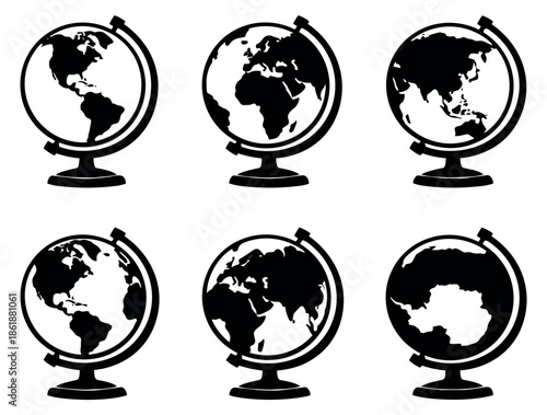Simple line art globe icons set featuring various world views for educational and global themes